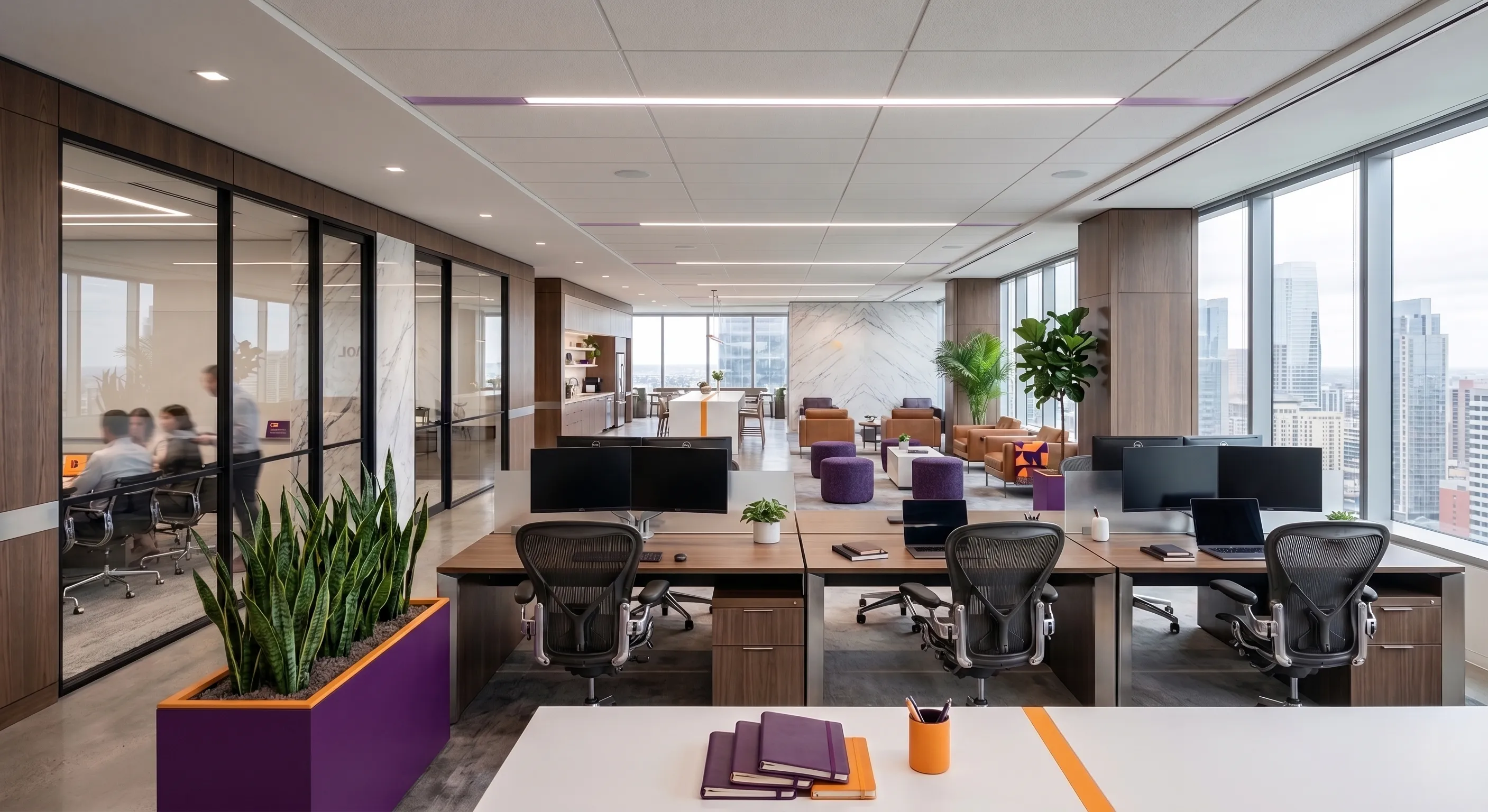 Modern minimal corporate office lobby with glass walls