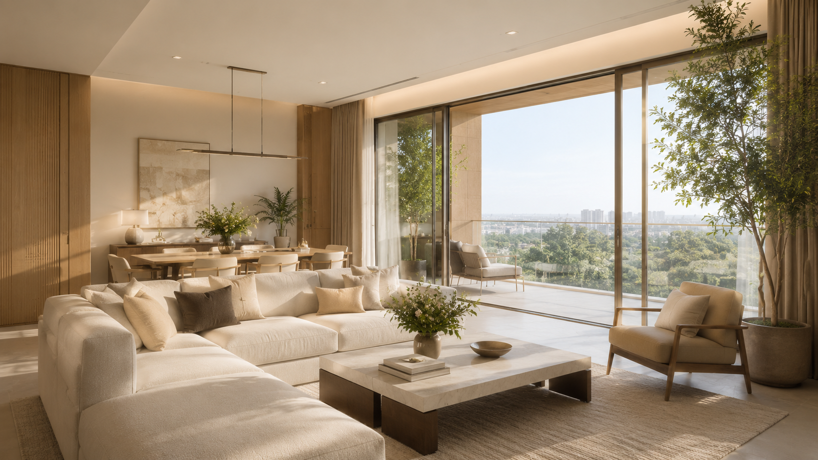 High-end luxury penthouse living room with modern furniture and floor-to-ceiling windows