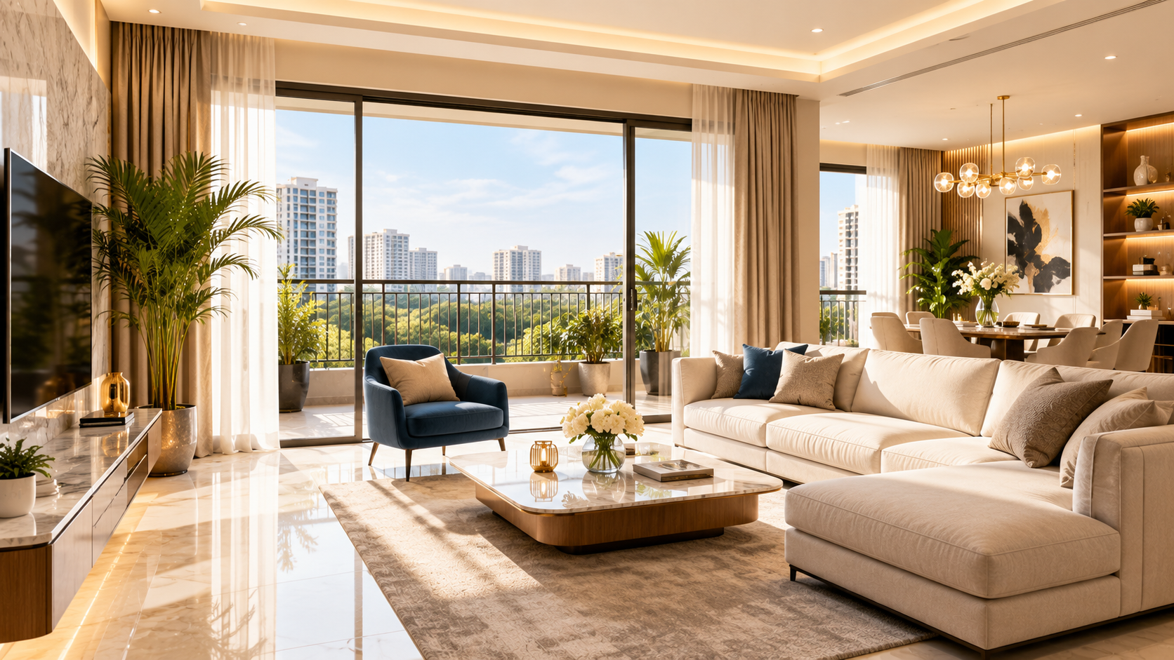 High-end luxury penthouse living room with modern furniture and floor-to-ceiling windows