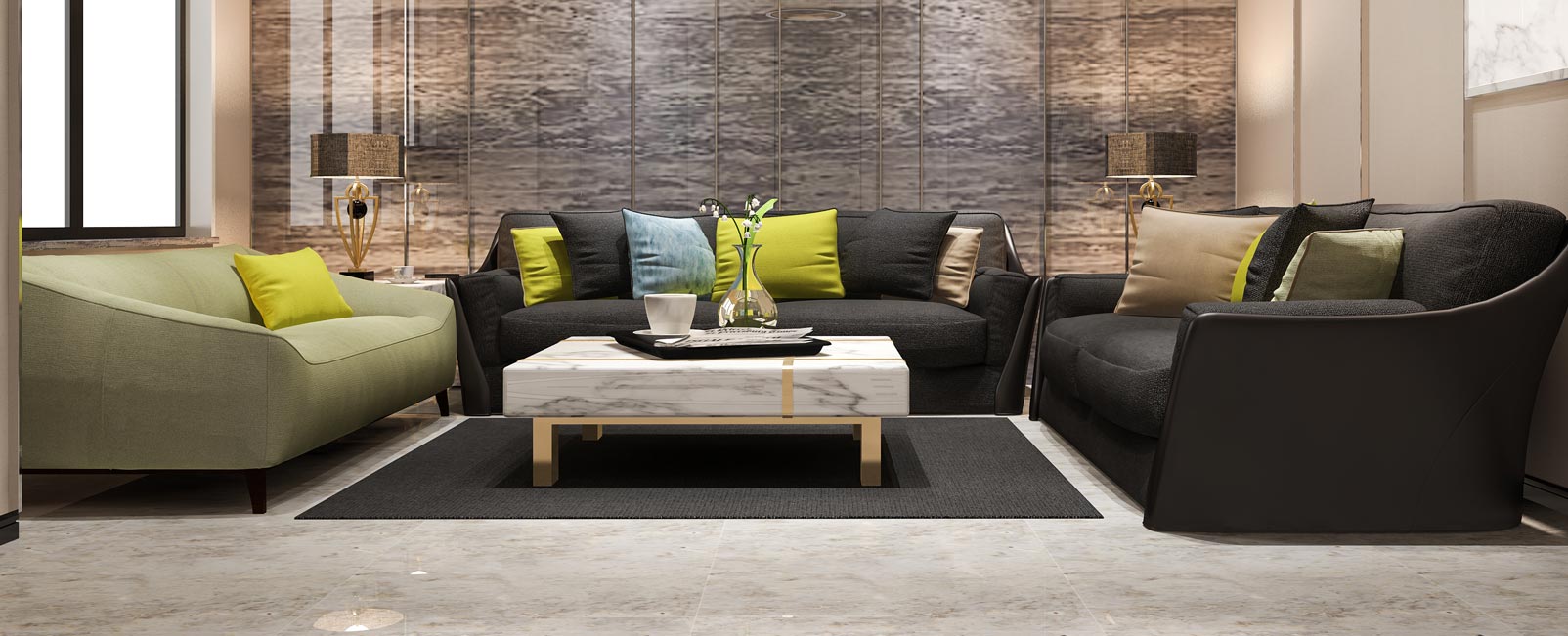 High-end luxury penthouse living room with modern furniture and floor-to-ceiling windows